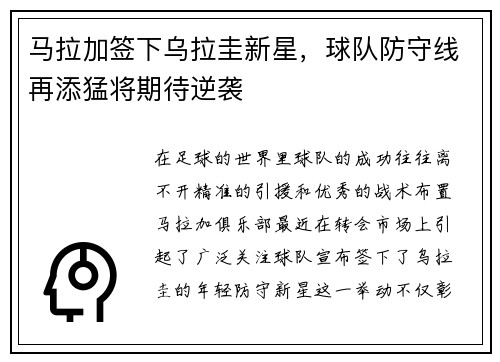 马拉加签下乌拉圭新星，球队防守线再添猛将期待逆袭